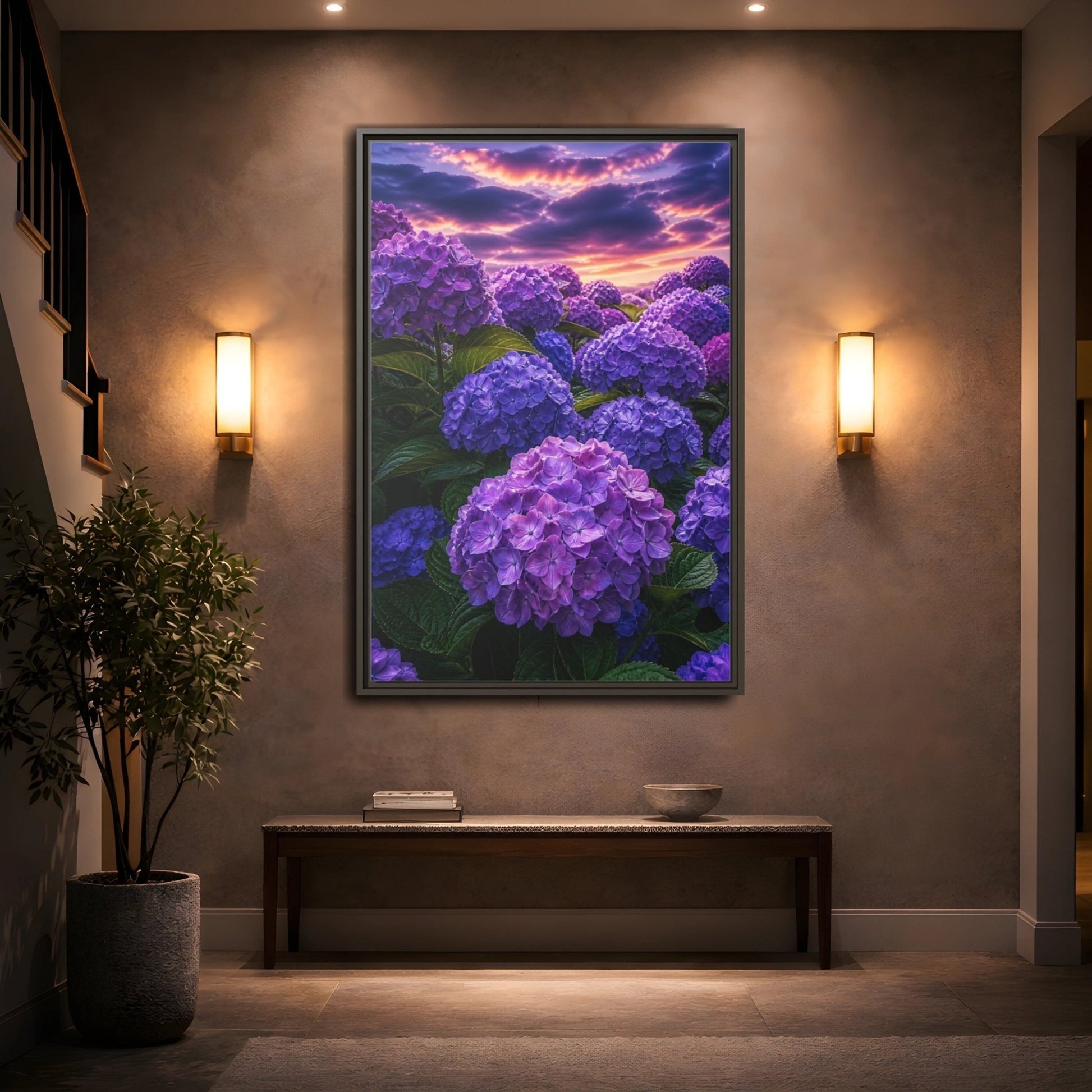 Floral Hydrangeas Purple Framed Canvas Print – Vibrant Decor for Living Room, Above Console Table - YesArtYes