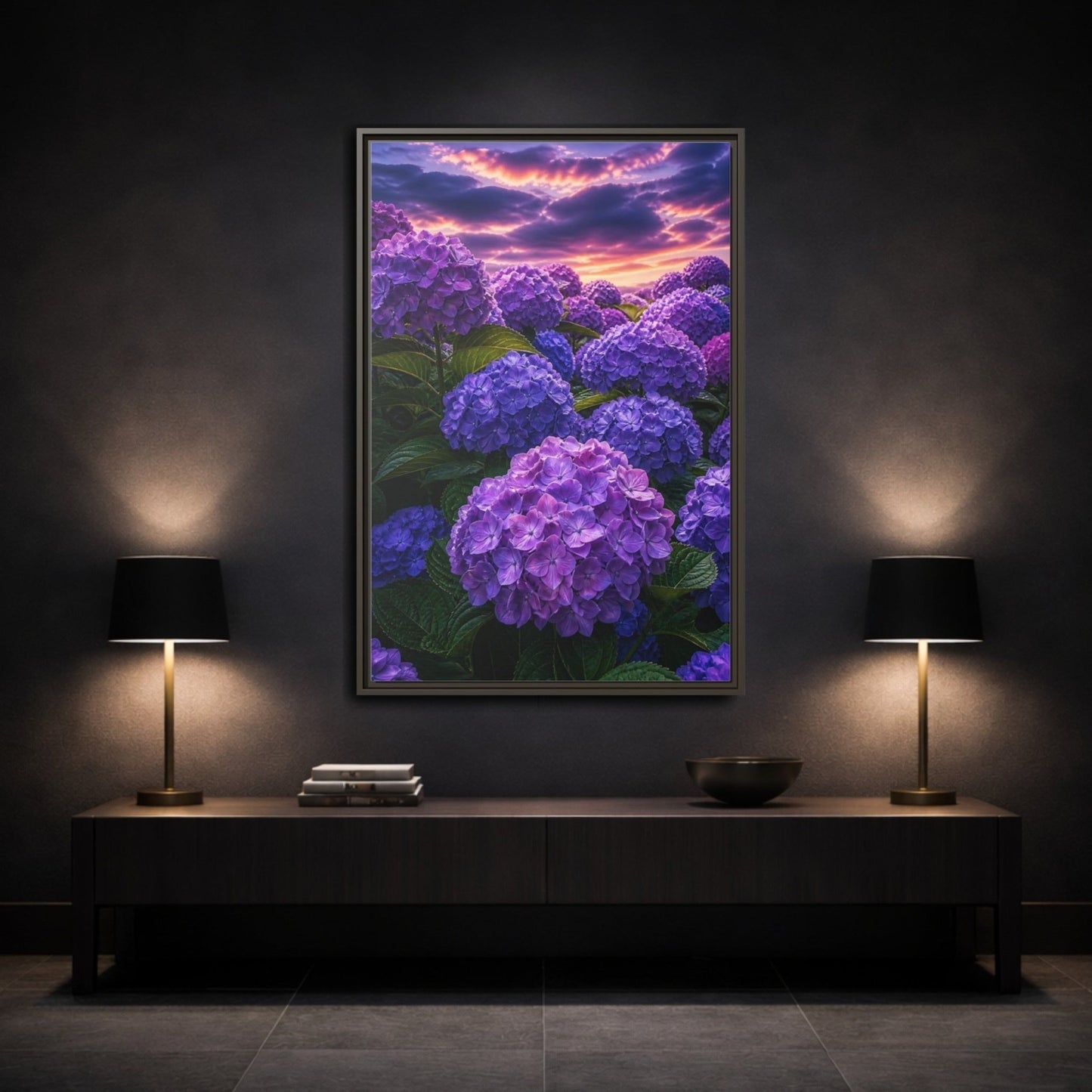Floral Hydrangeas Purple Framed Canvas Print – Vibrant Decor for Living Room, Above Console Table - YesArtYes