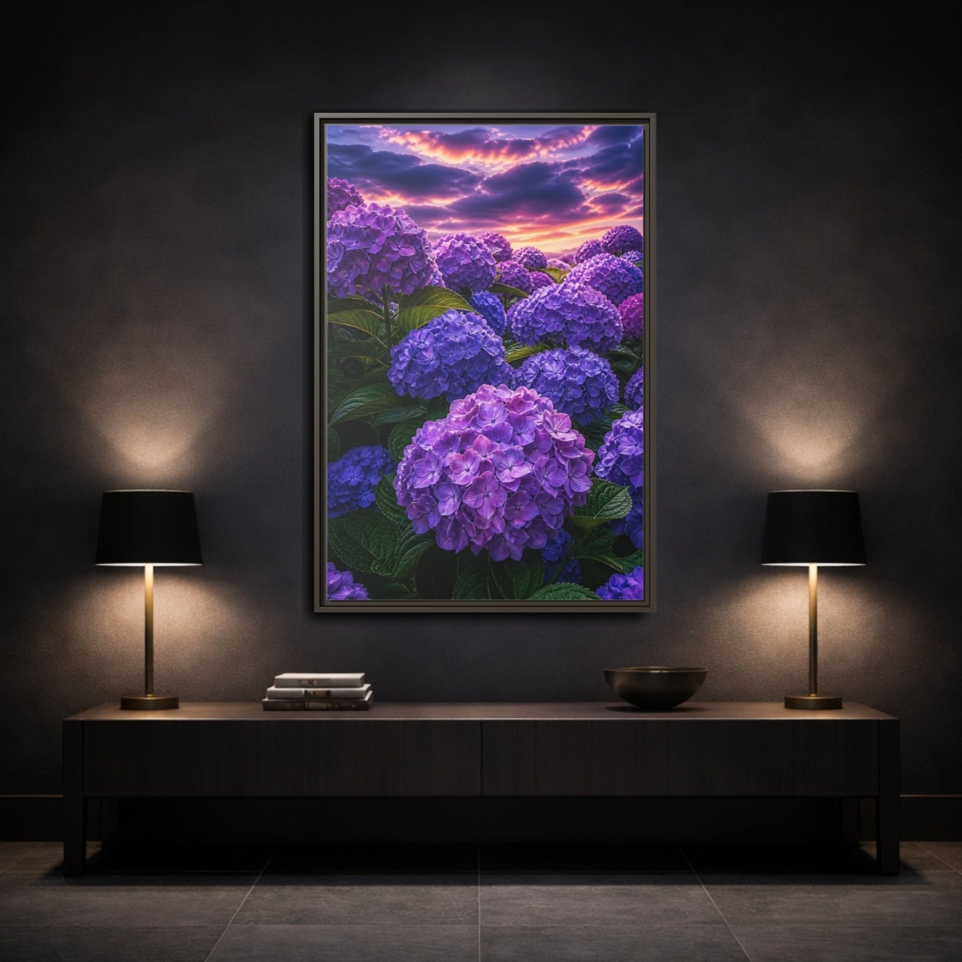Floral Hydrangeas Purple Framed Canvas Print – Vibrant Decor for Living Room, Above Console Table - YesArtYes