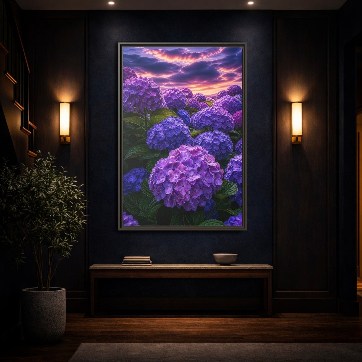 Floral Hydrangeas Purple Framed Canvas Print – Vibrant Decor for Living Room, Above Console Table - YesArtYes