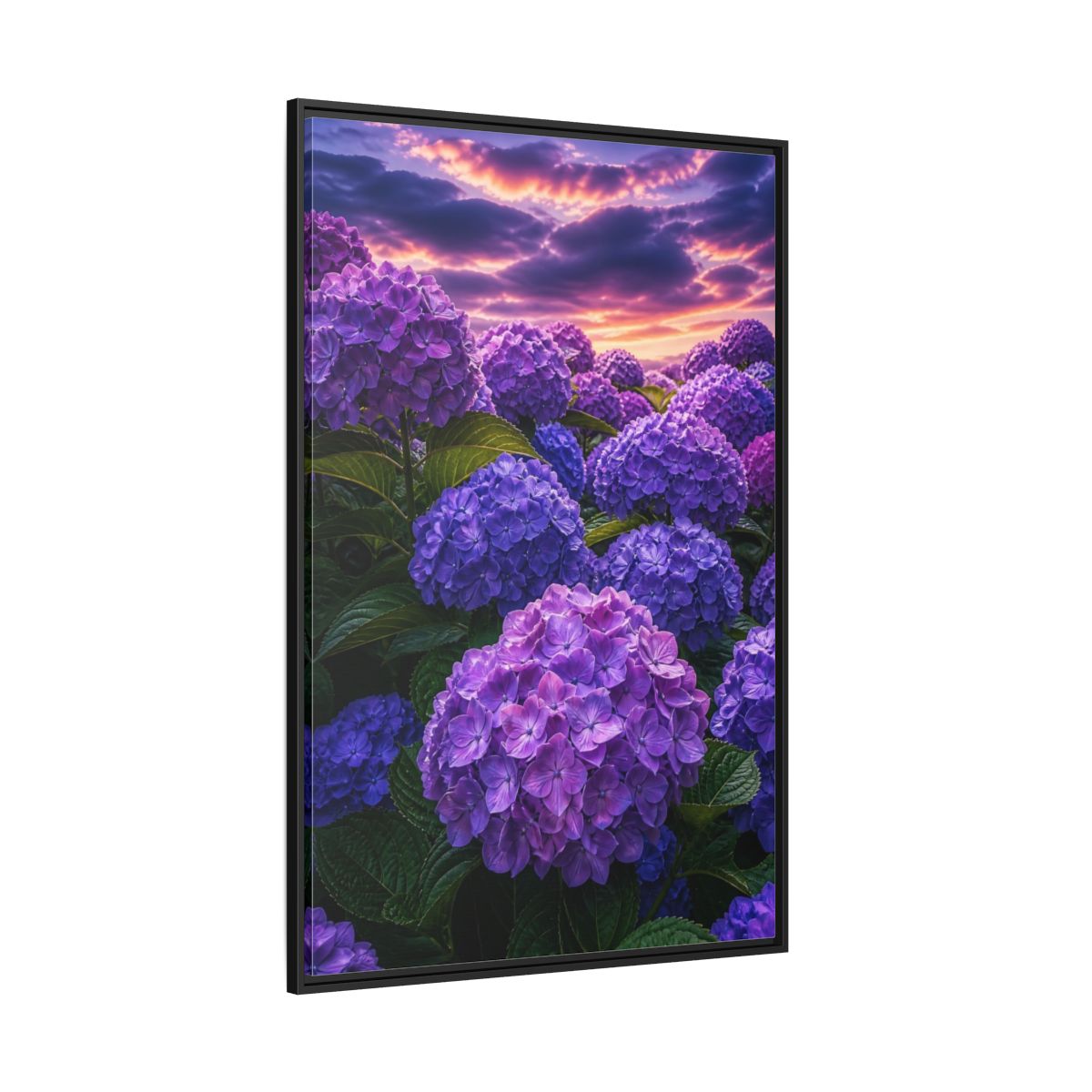 Side Mockup 12. Floral Hydrangeas Purple Hydrangea shown as framed canvas print