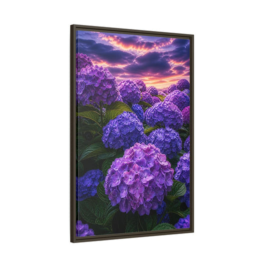 Main Mockup. Floral Hydrangeas Purple Hydrangea shown as framed canvas print
