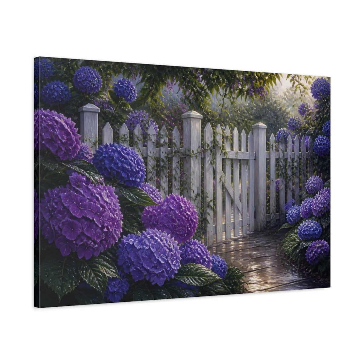Main Mockup. Floral Hydrangeas Purple White Picket Fence shown as canvas print