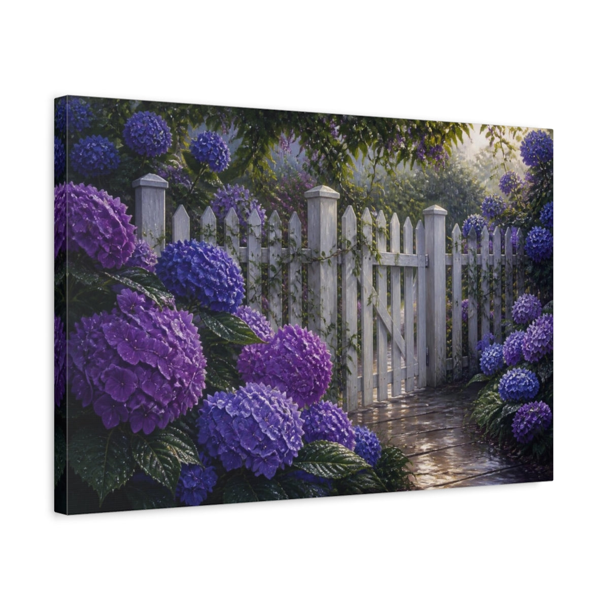 Side Mockup 3. Floral Hydrangeas Purple White Picket Fence shown as canvas print