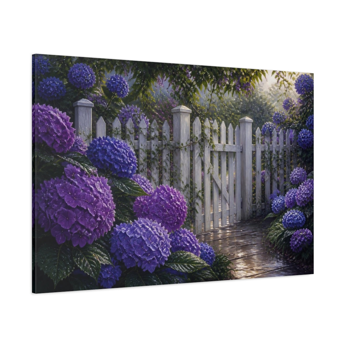 Side Mockup 1. Floral Hydrangeas Purple White Picket Fence shown as canvas print
