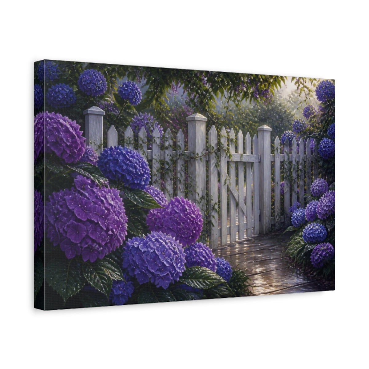 Side Mockup 4. Floral Hydrangeas Purple White Picket Fence shown as canvas print