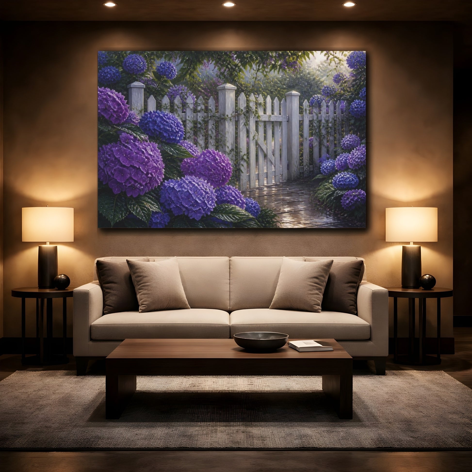 Mockup 2. Floral Hydrangeas Purple White Picket Fence shown as canvas print