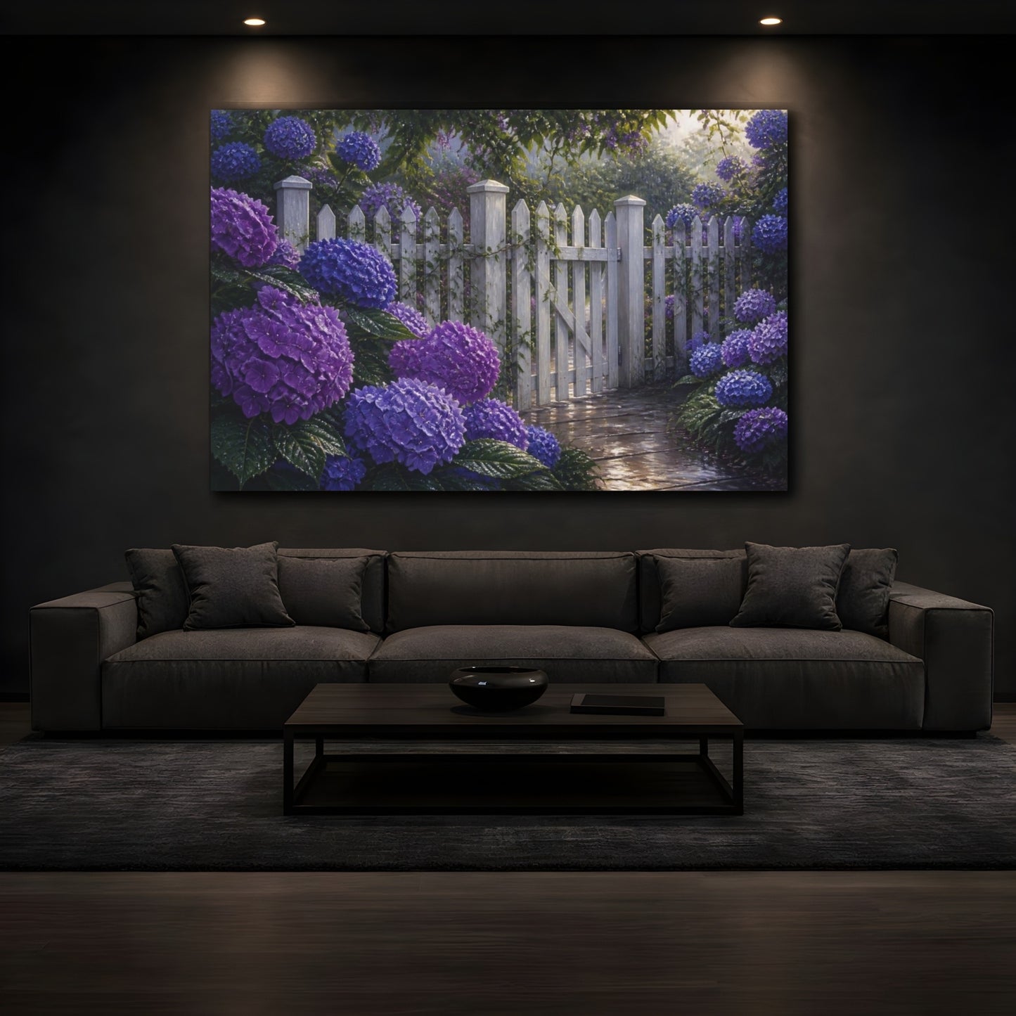 Mockup 3. Floral Hydrangeas Purple White Picket Fence shown as canvas print
