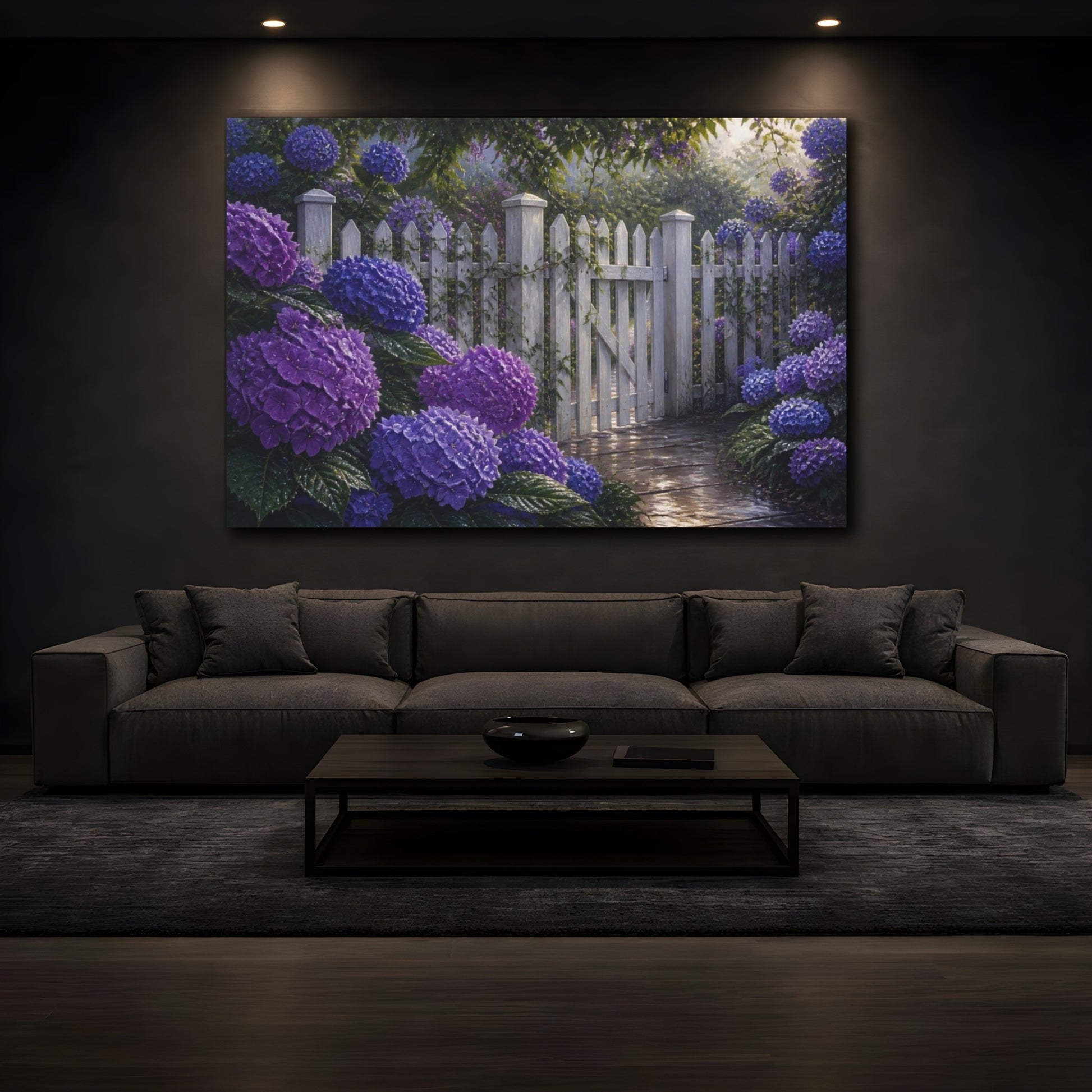 Mockup 3. Floral Hydrangeas Purple White Picket Fence shown as canvas print