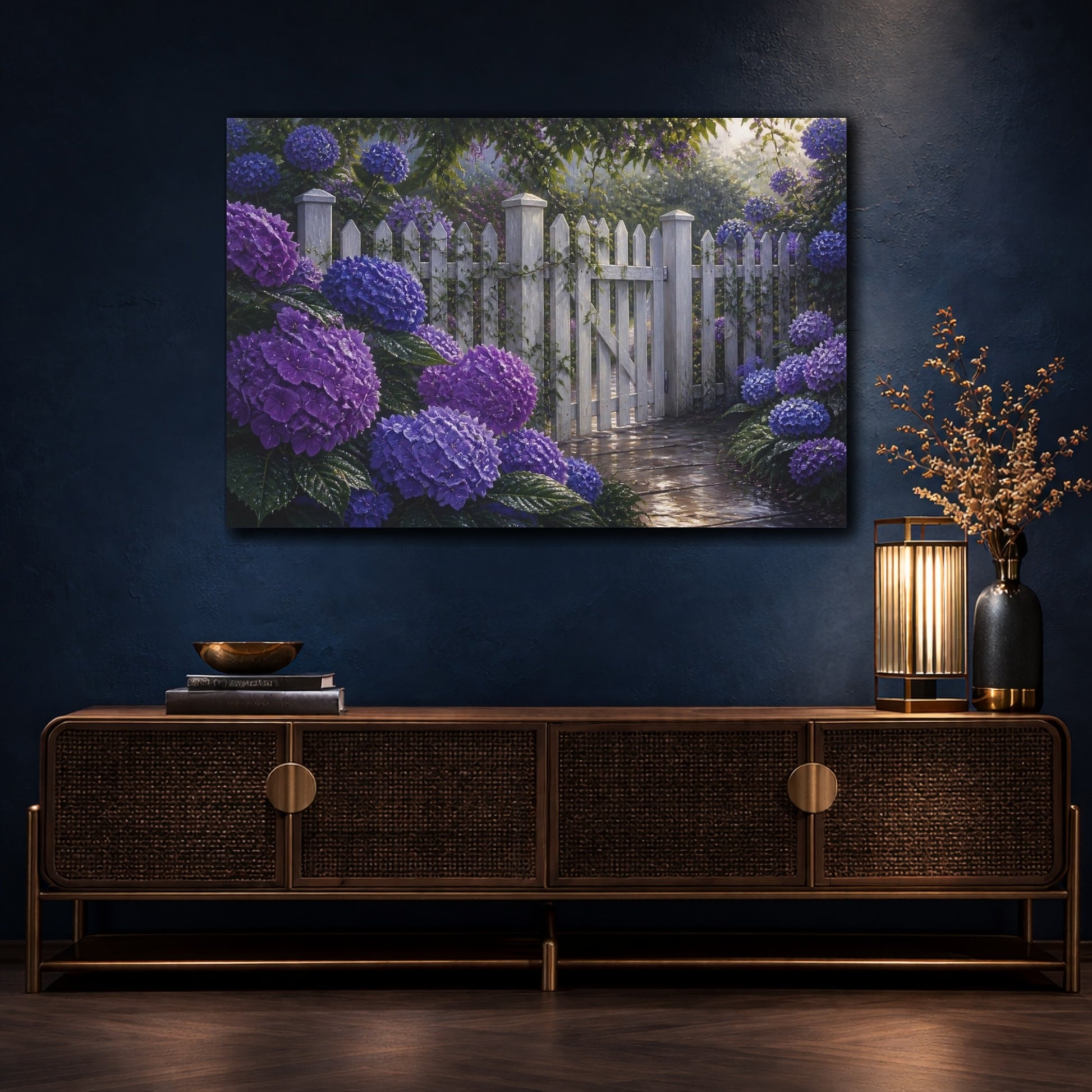Mockup 4. Floral Hydrangeas Purple White Picket Fence shown as canvas print