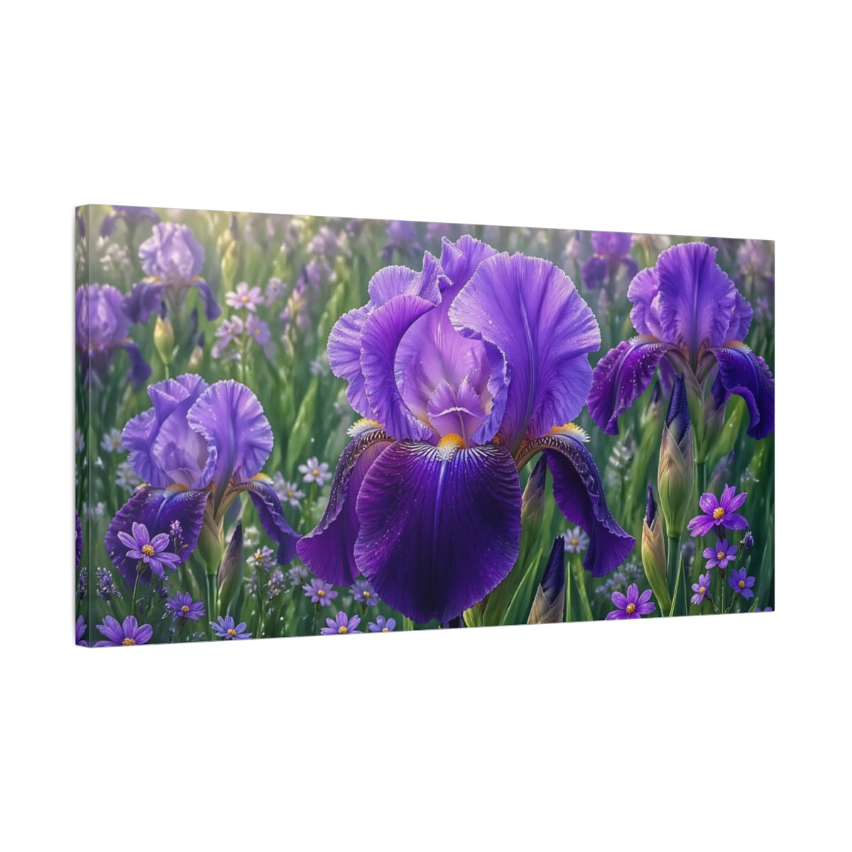 Side Mockup 1. Floral Iris Flower Purple Iris shown as stretched canvas wall art