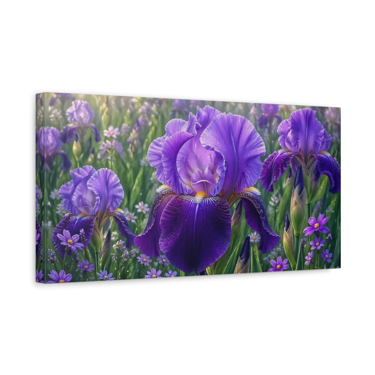 Side Mockup 3. Floral Iris Flower Purple Iris shown as stretched canvas wall art