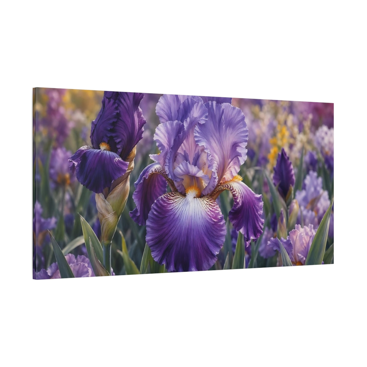 Side Mockup 2. Floral Iris Flower Purple Floral shown as stretched canvas wall art