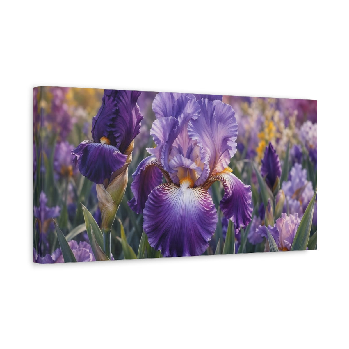 Side Mockup 3. Floral Iris Flower Purple Floral shown as stretched canvas wall art