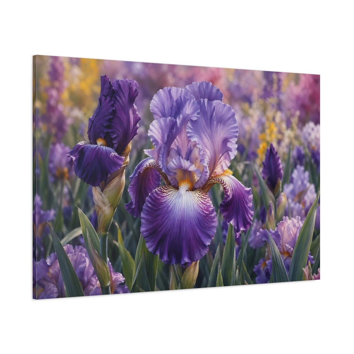 Side Mockup 1. Floral Iris Flower Purple Iris shown as stretched canvas wall art