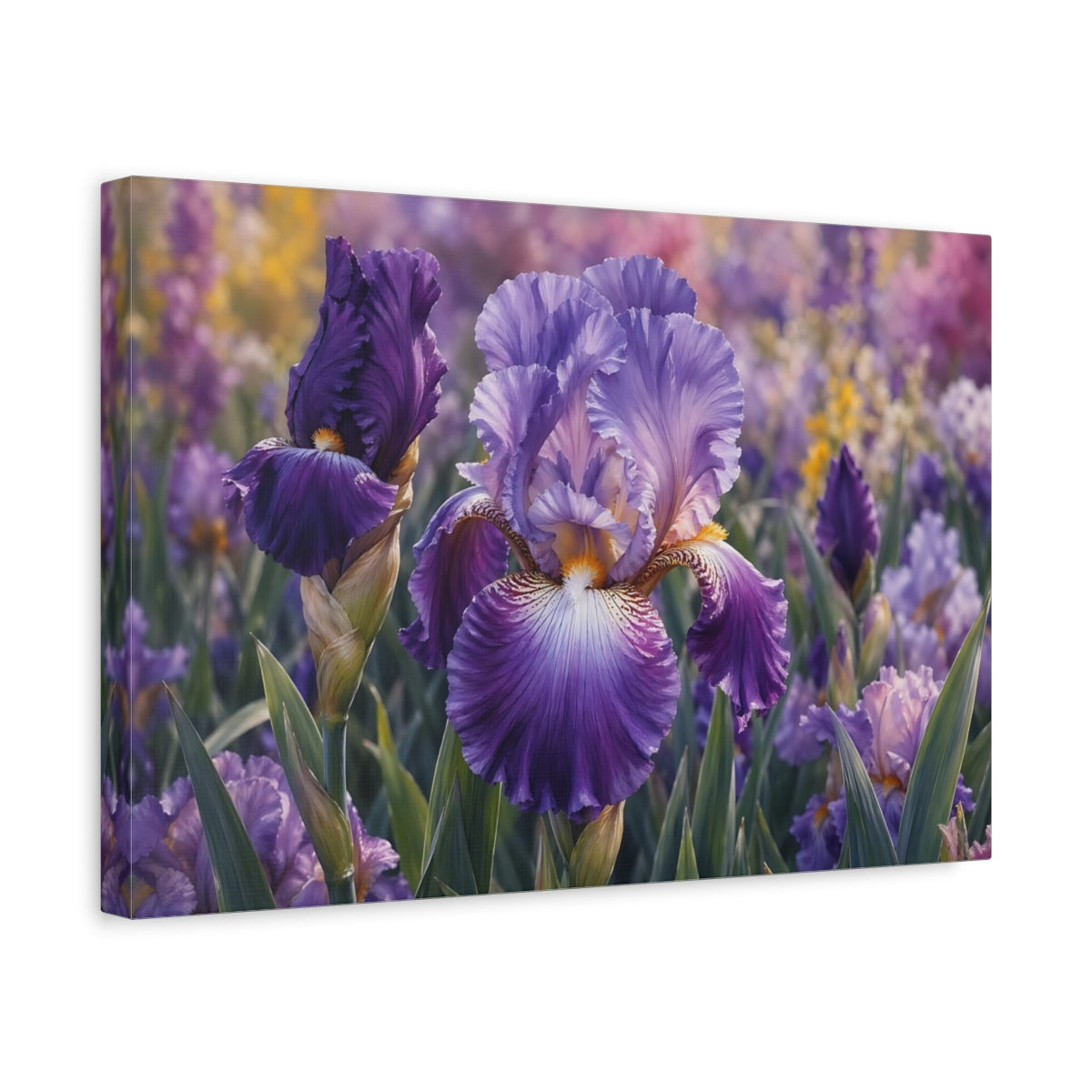 Side Mockup 4. Floral Iris Flower Purple Iris shown as stretched canvas wall art