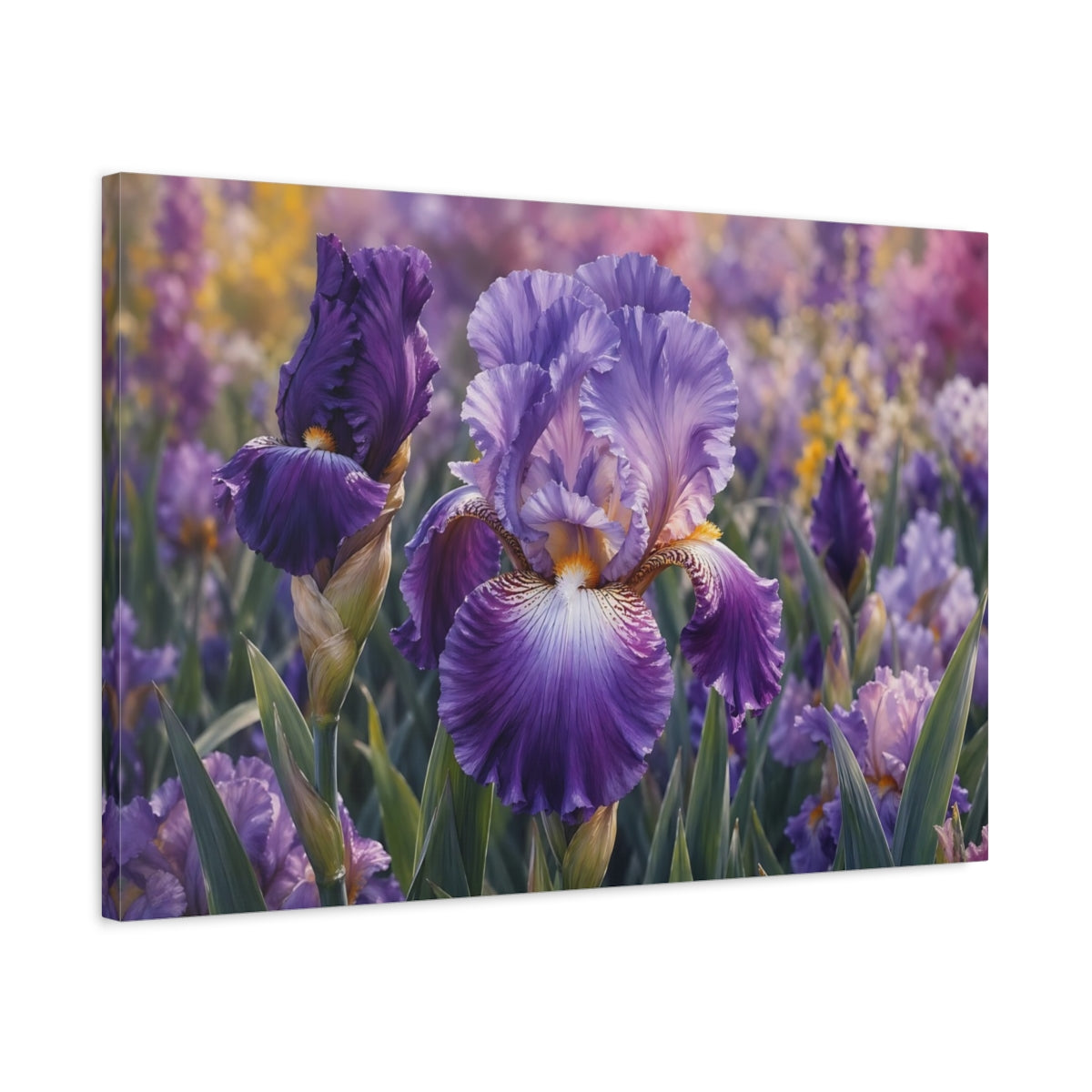 Side Mockup 2. Floral Iris Flower Purple Iris shown as stretched canvas wall art