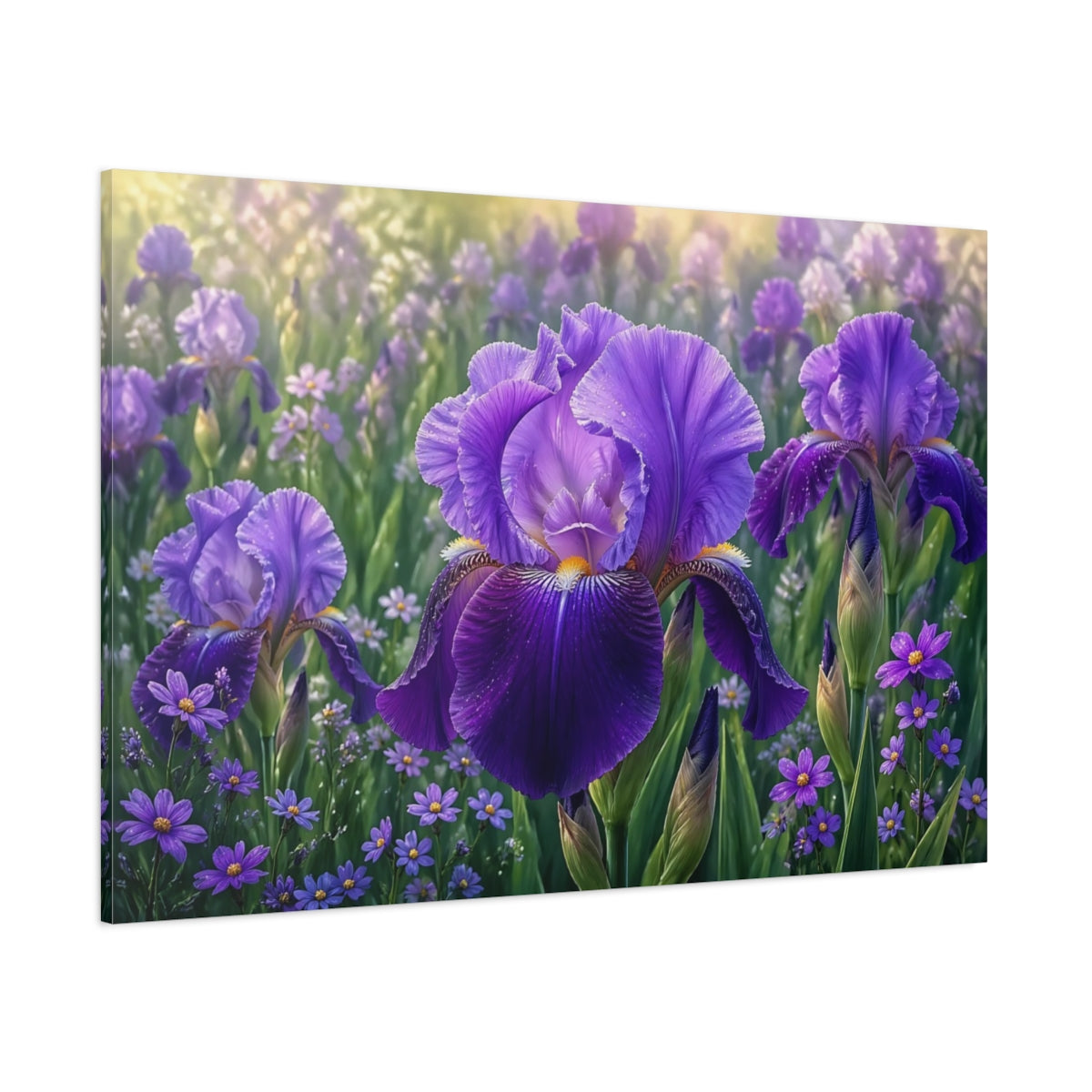 Side Mockup 1. Floral Iris Flower Purple Iris shown as stretched canvas wall art
