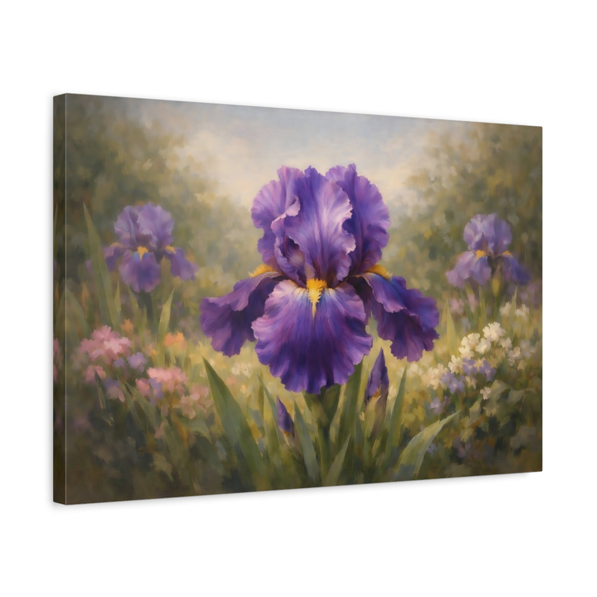 Side Mockup 3. Floral Iris Flower Purple Iris shown as stretched canvas wall art