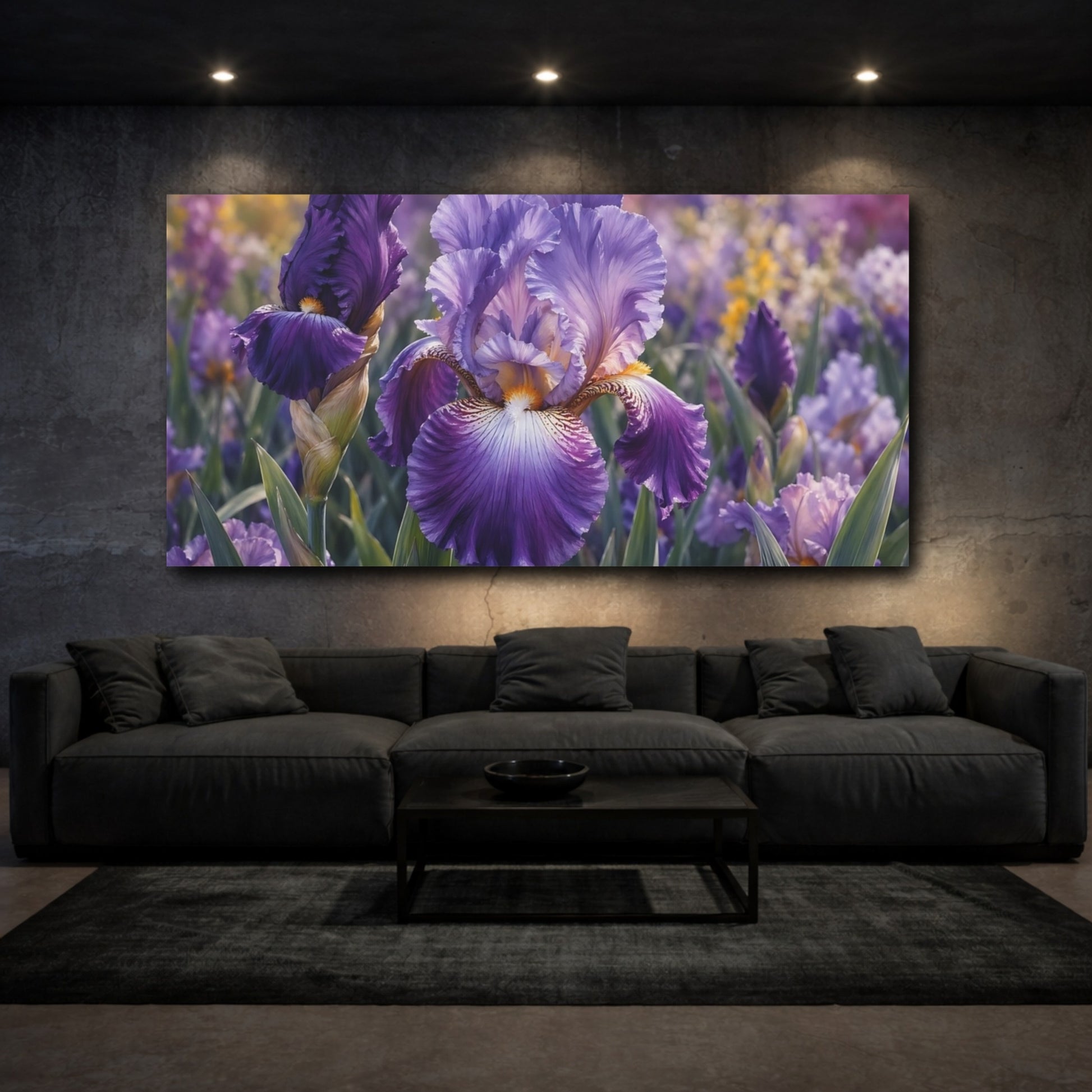 Mockup 2. Floral Iris Flower Purple Floral shown as stretched canvas wall art