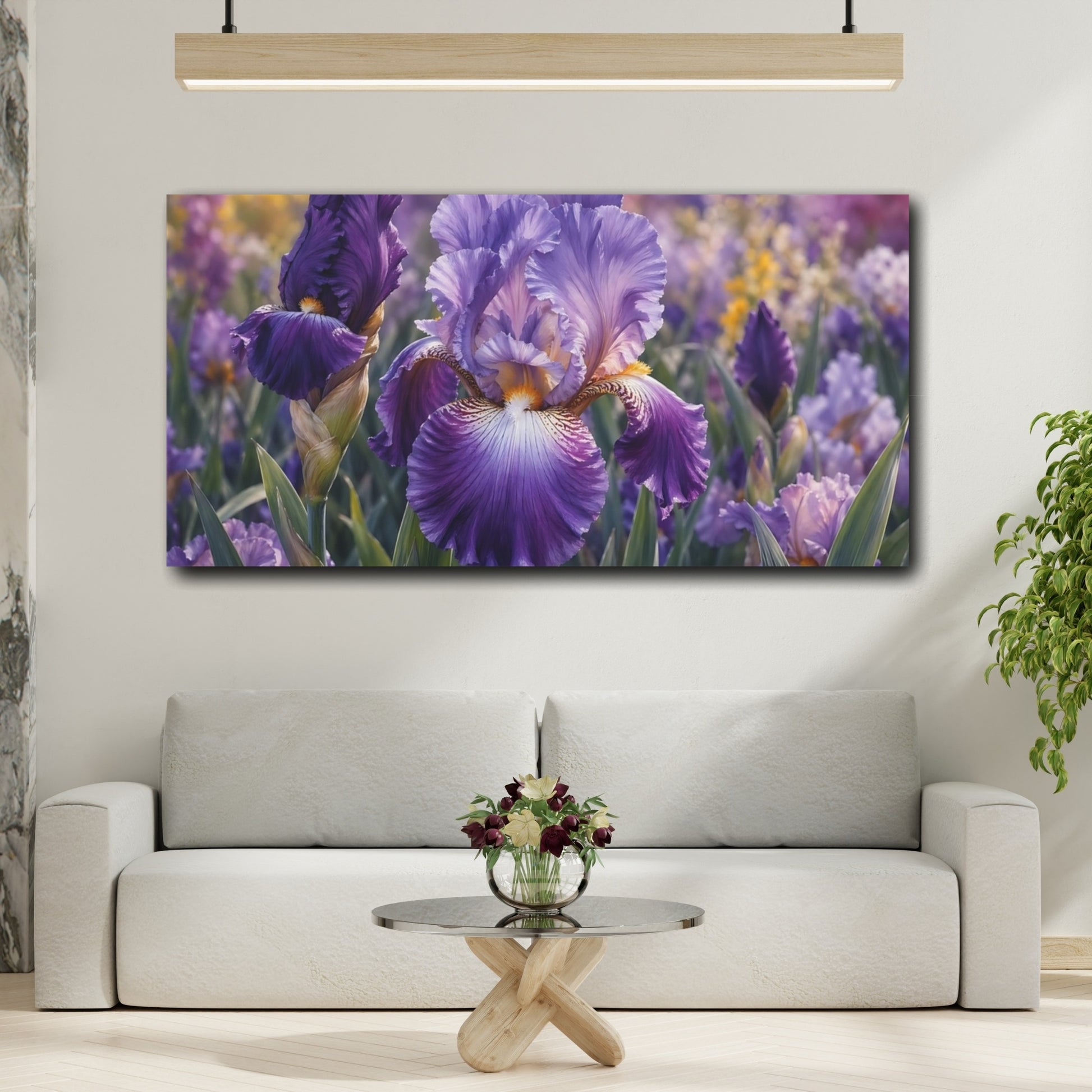 Mockup 3. Floral Iris Flower Purple Floral shown as stretched canvas wall art