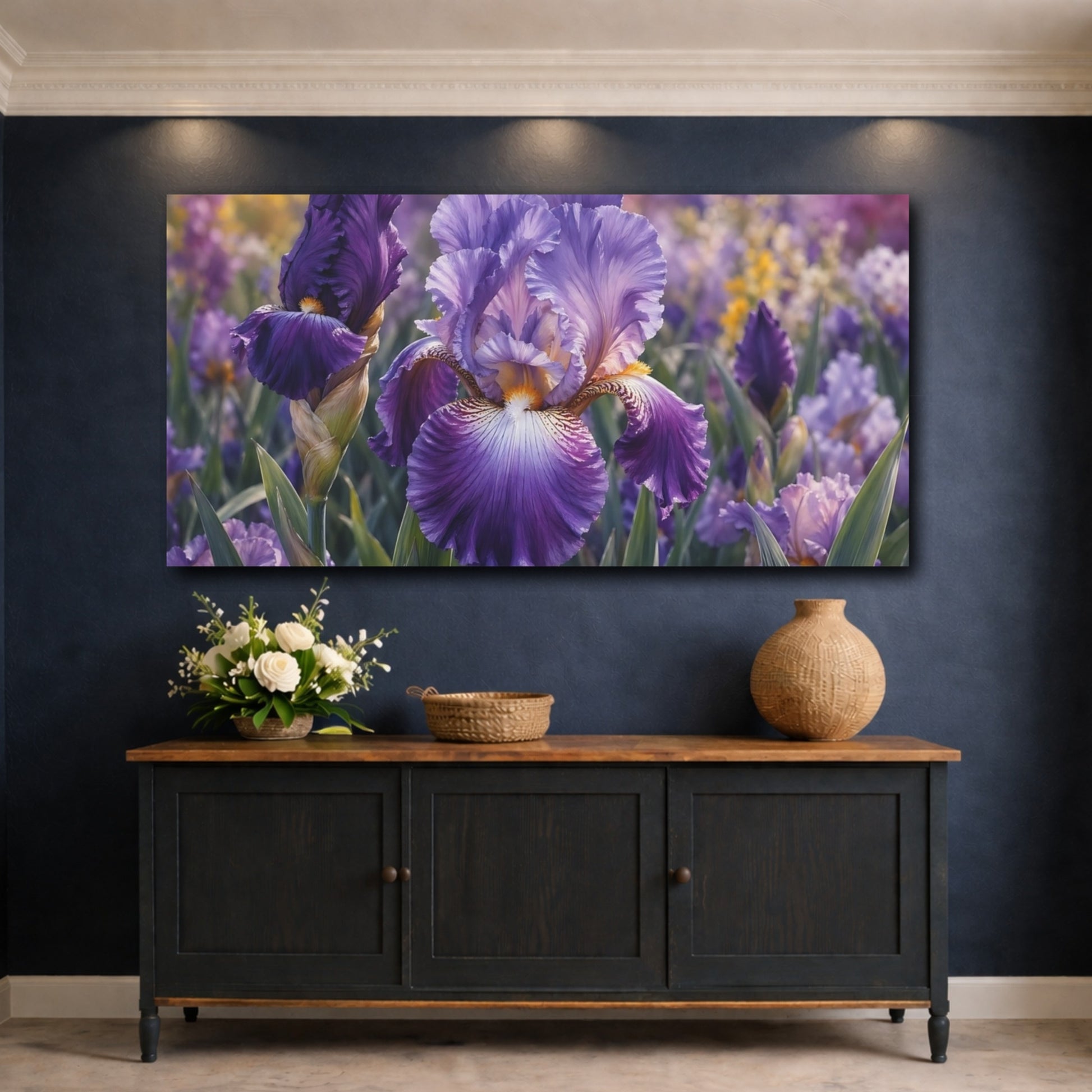 Mockup 4. Floral Iris Flower Purple Floral shown as stretched canvas wall art