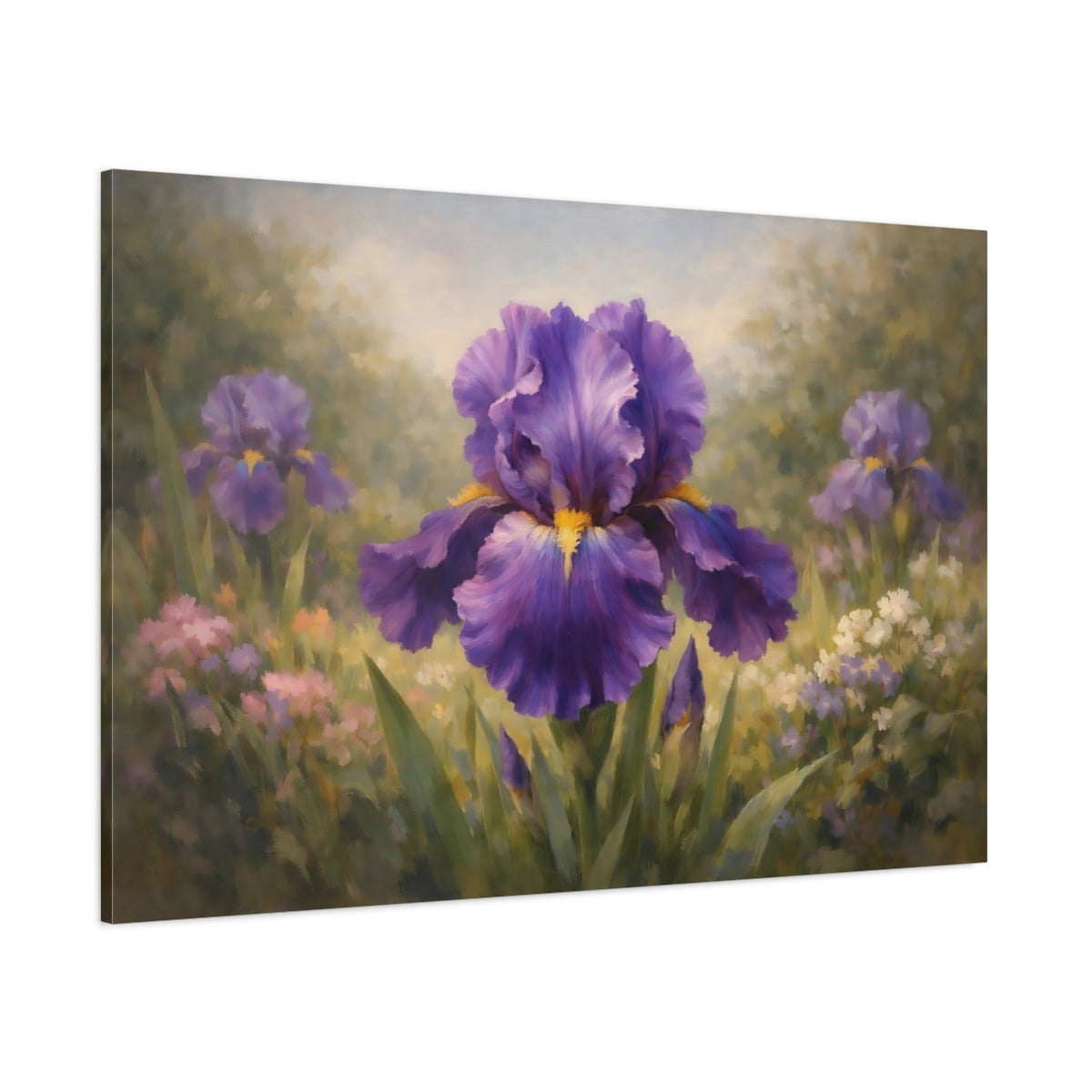 Main Mockup. Floral Iris Flower Purple Iris shown as stretched canvas wall art