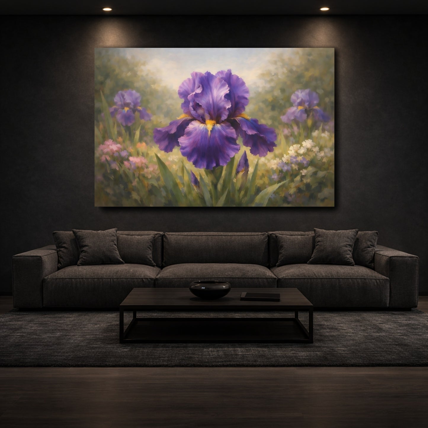 Mockup 2. Floral Iris Flower Purple Iris shown as stretched canvas wall art