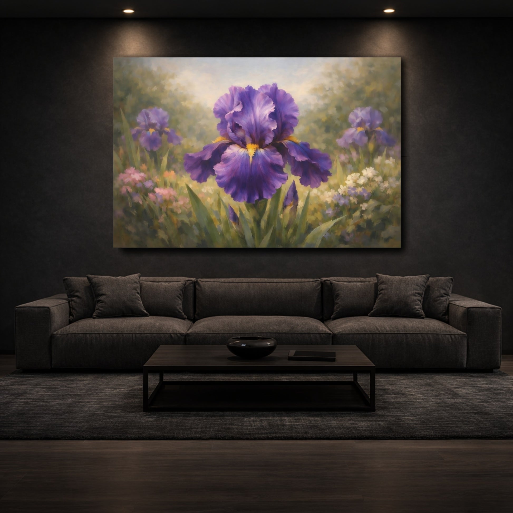 Mockup 2. Floral Iris Flower Purple Iris shown as stretched canvas wall art