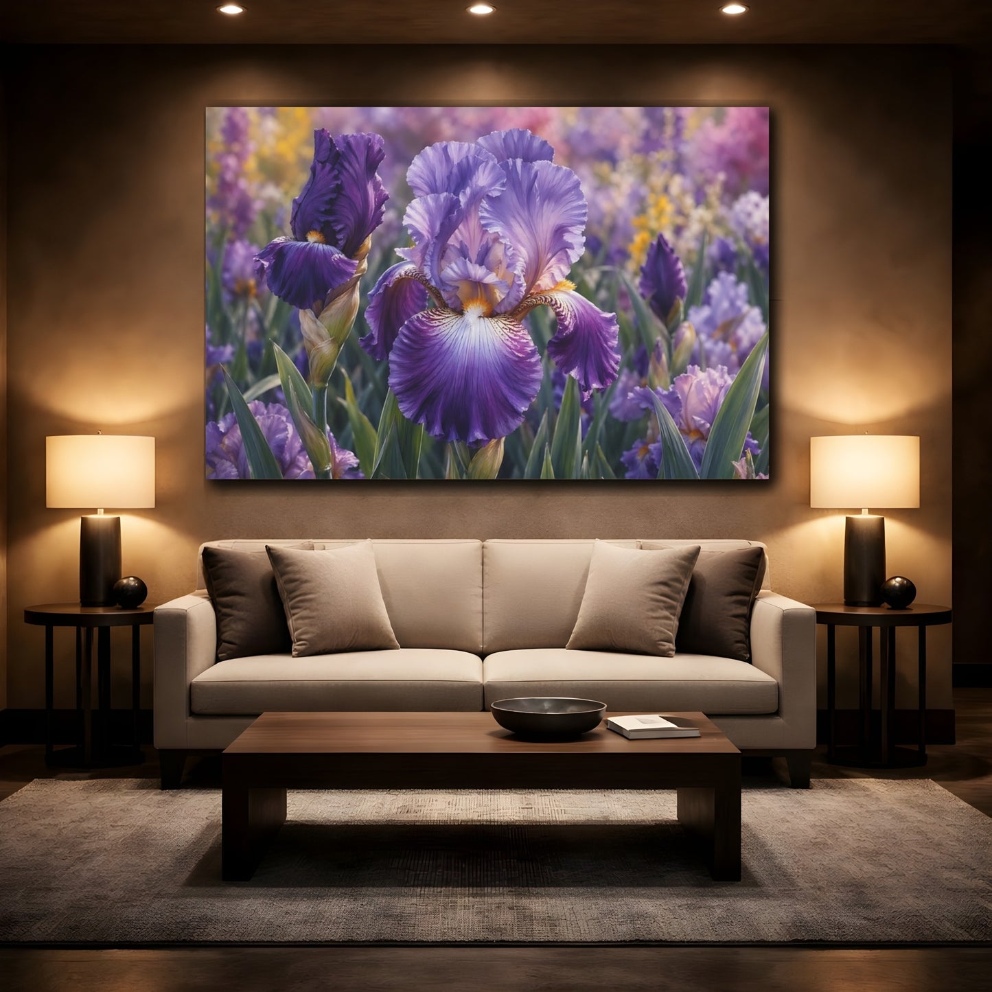 Mockup 2. Floral Iris Flower Purple Iris shown as stretched canvas wall art