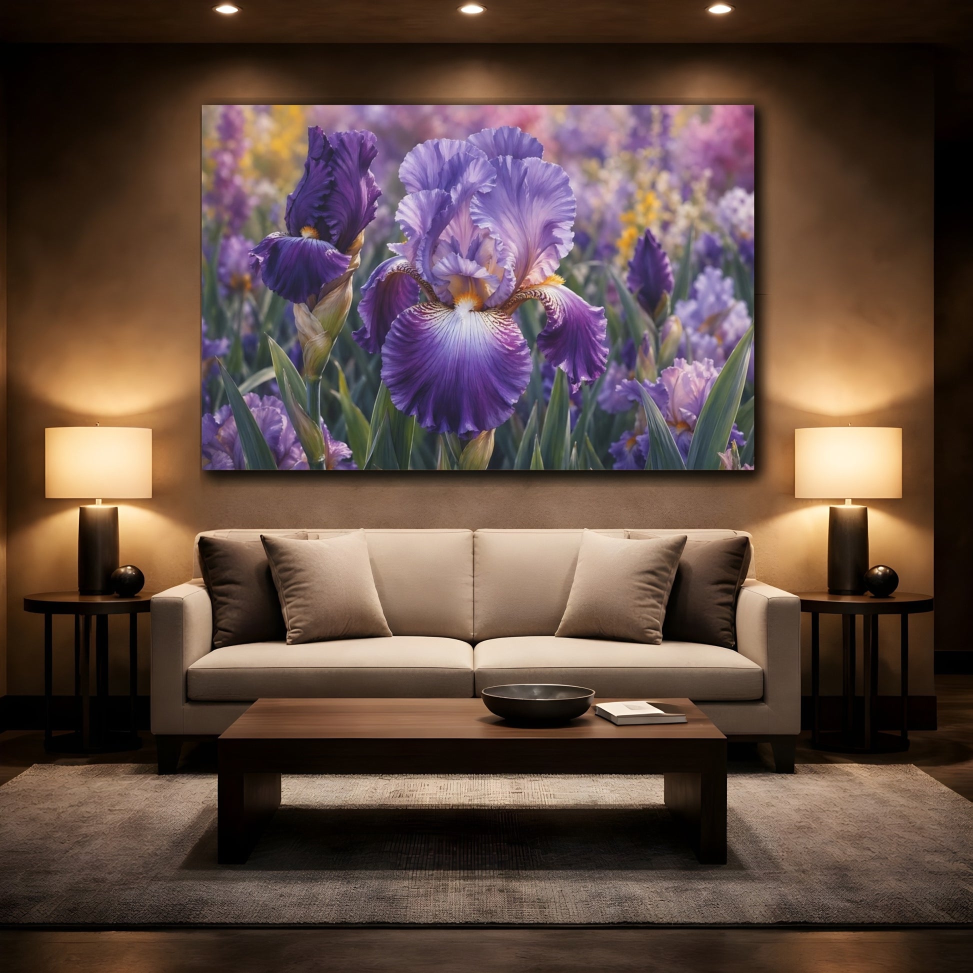 Mockup 2. Floral Iris Flower Purple Iris shown as stretched canvas wall art