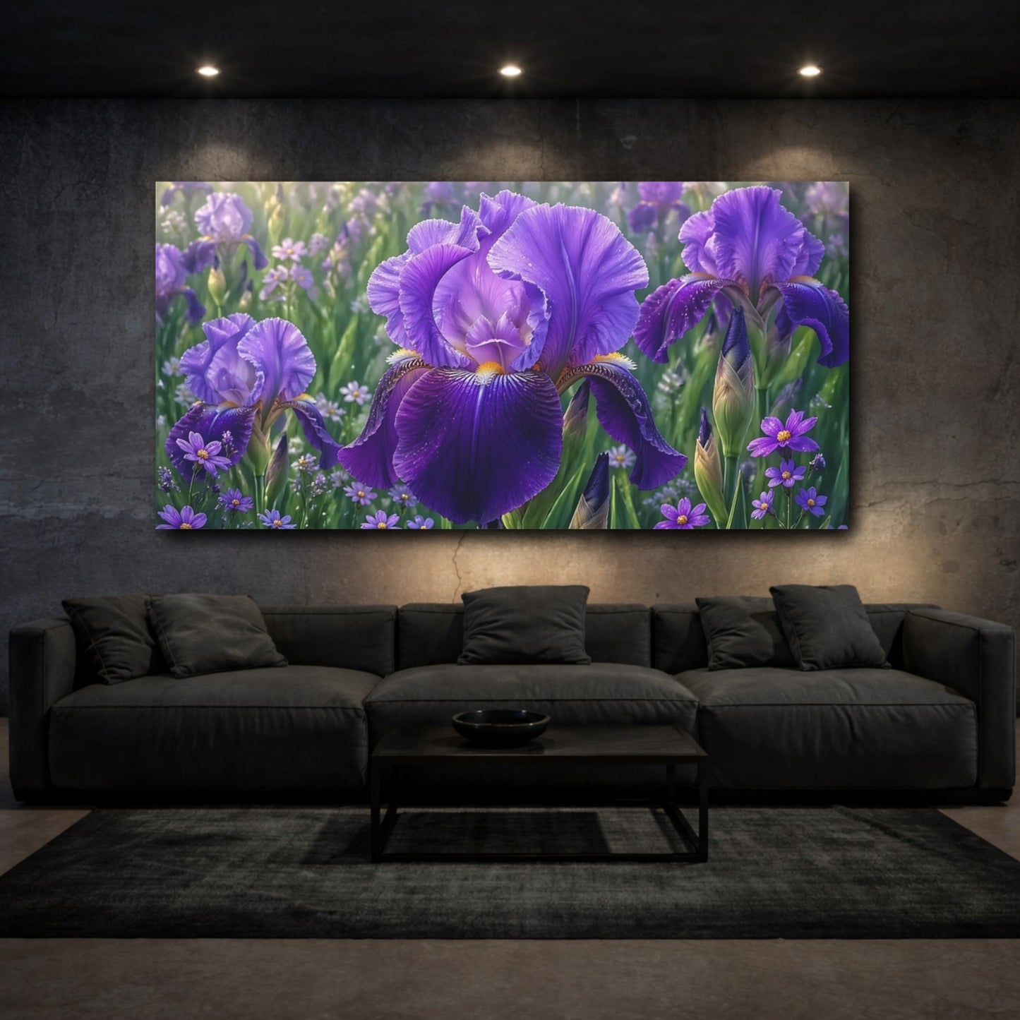 Mockup 2. Floral Iris Flower Purple Iris shown as stretched canvas wall art