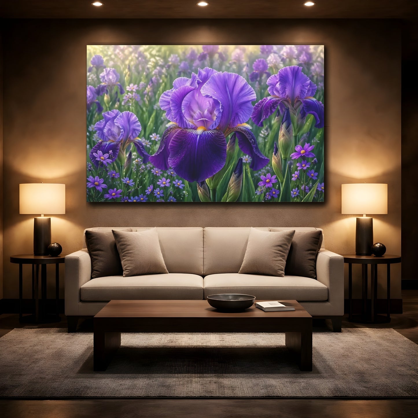 Mockup 2. Floral Iris Flower Purple Iris shown as stretched canvas wall art