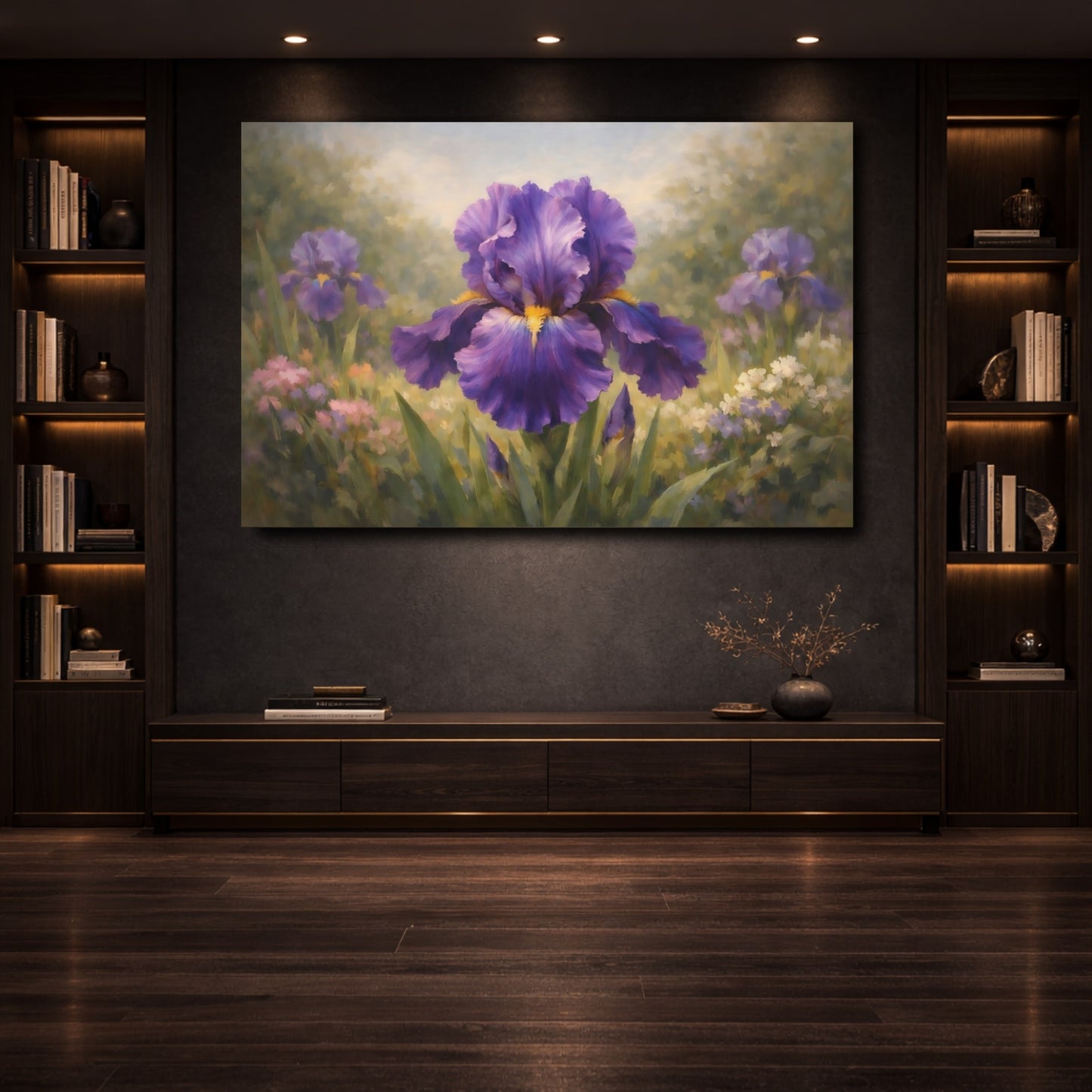 Mockup 3. Floral Iris Flower Purple Iris shown as stretched canvas wall art