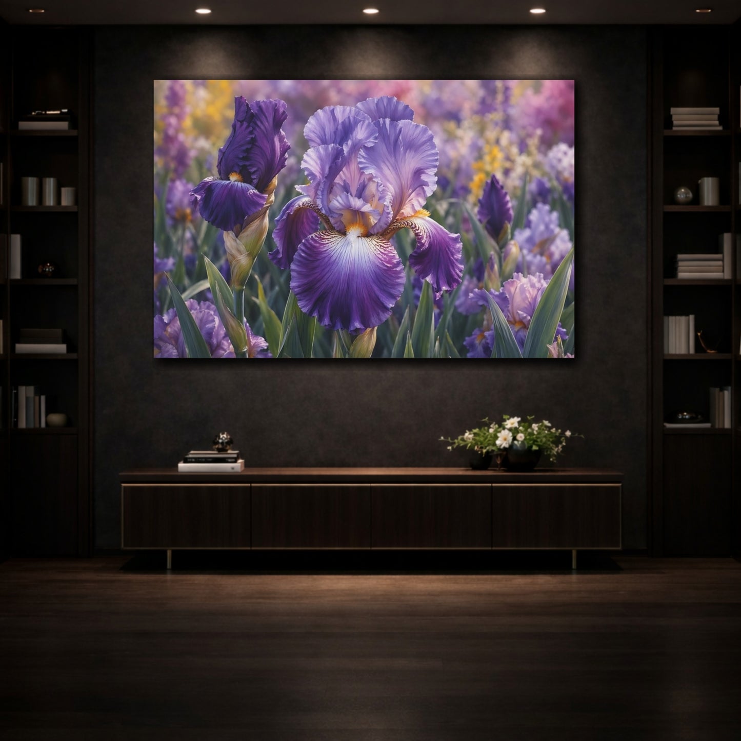 Mockup 3. Floral Iris Flower Purple Iris shown as stretched canvas wall art