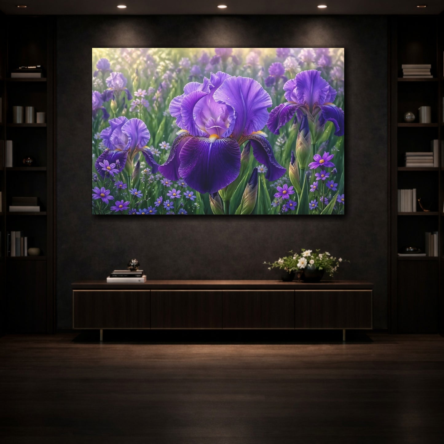 Mockup 3. Floral Iris Flower Purple Iris shown as stretched canvas wall art