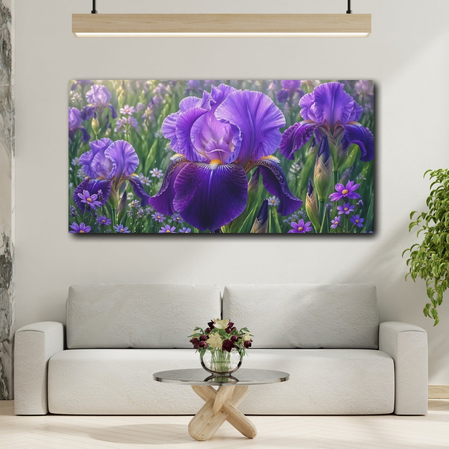 Mockup 3. Floral Iris Flower Purple Iris shown as stretched canvas wall art