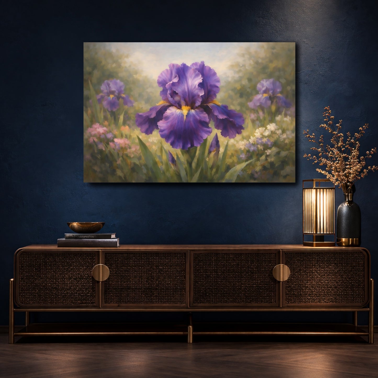Mockup 4. Floral Iris Flower Purple Iris shown as stretched canvas wall art