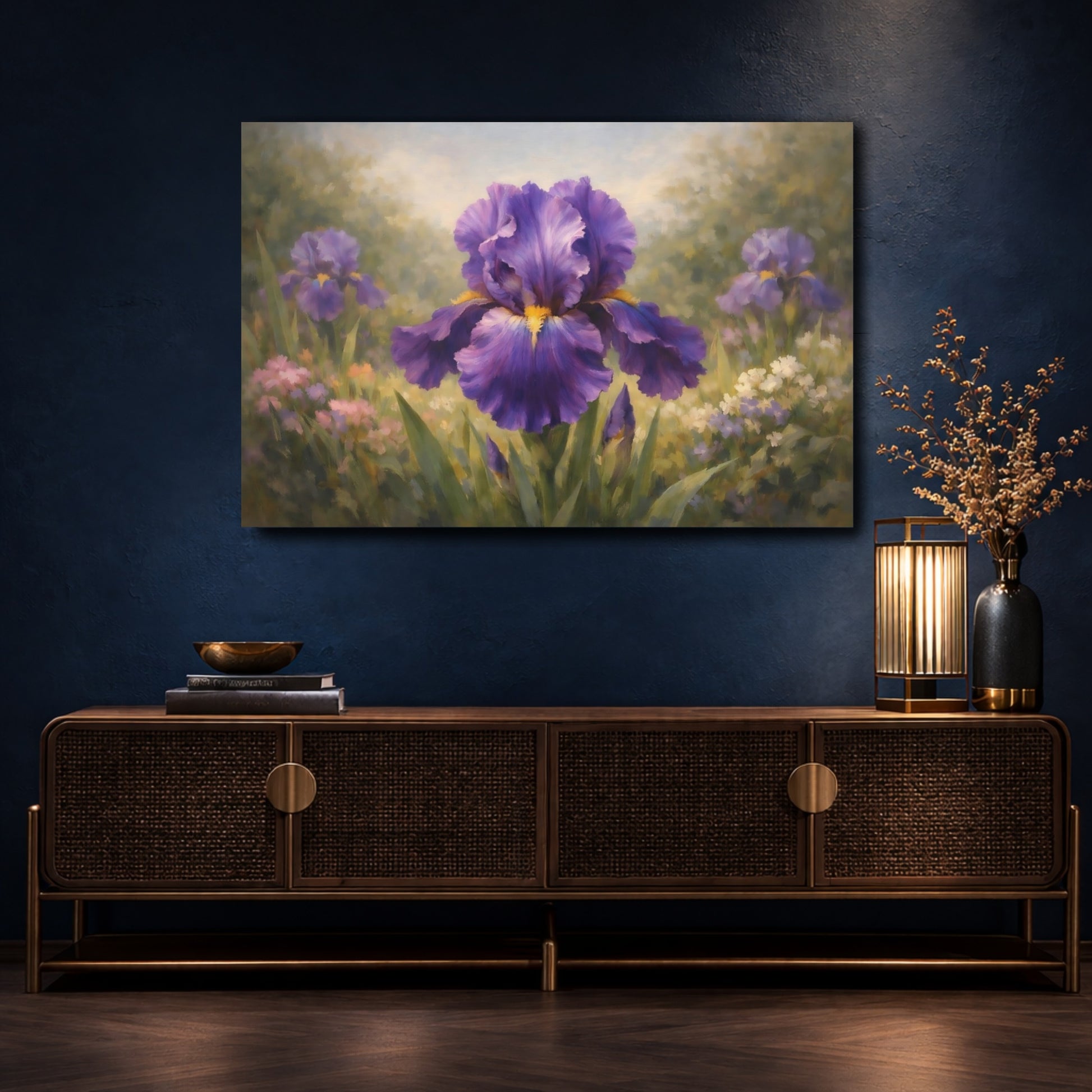 Mockup 4. Floral Iris Flower Purple Iris shown as stretched canvas wall art
