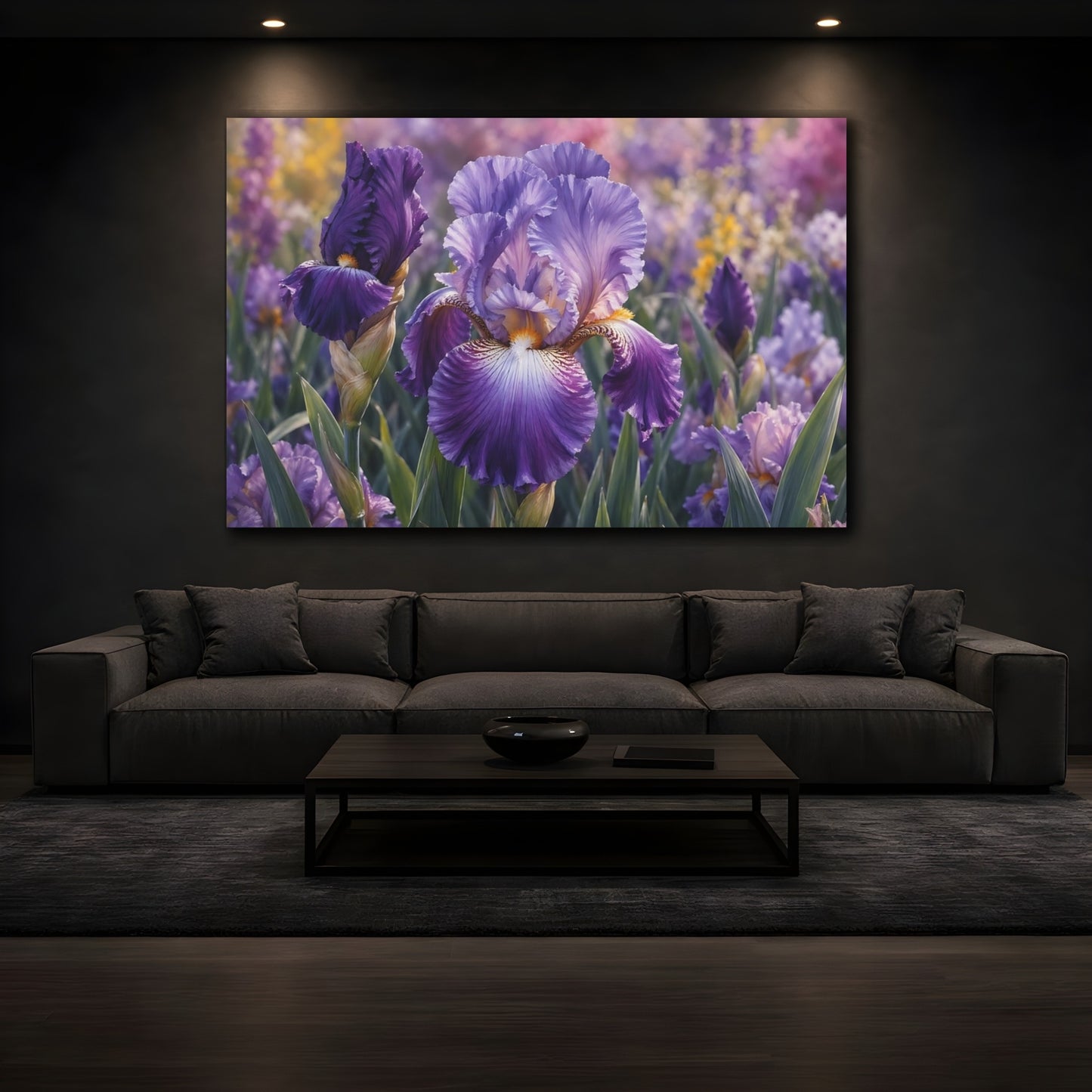 Mockup 4. Floral Iris Flower Purple Iris shown as stretched canvas wall art