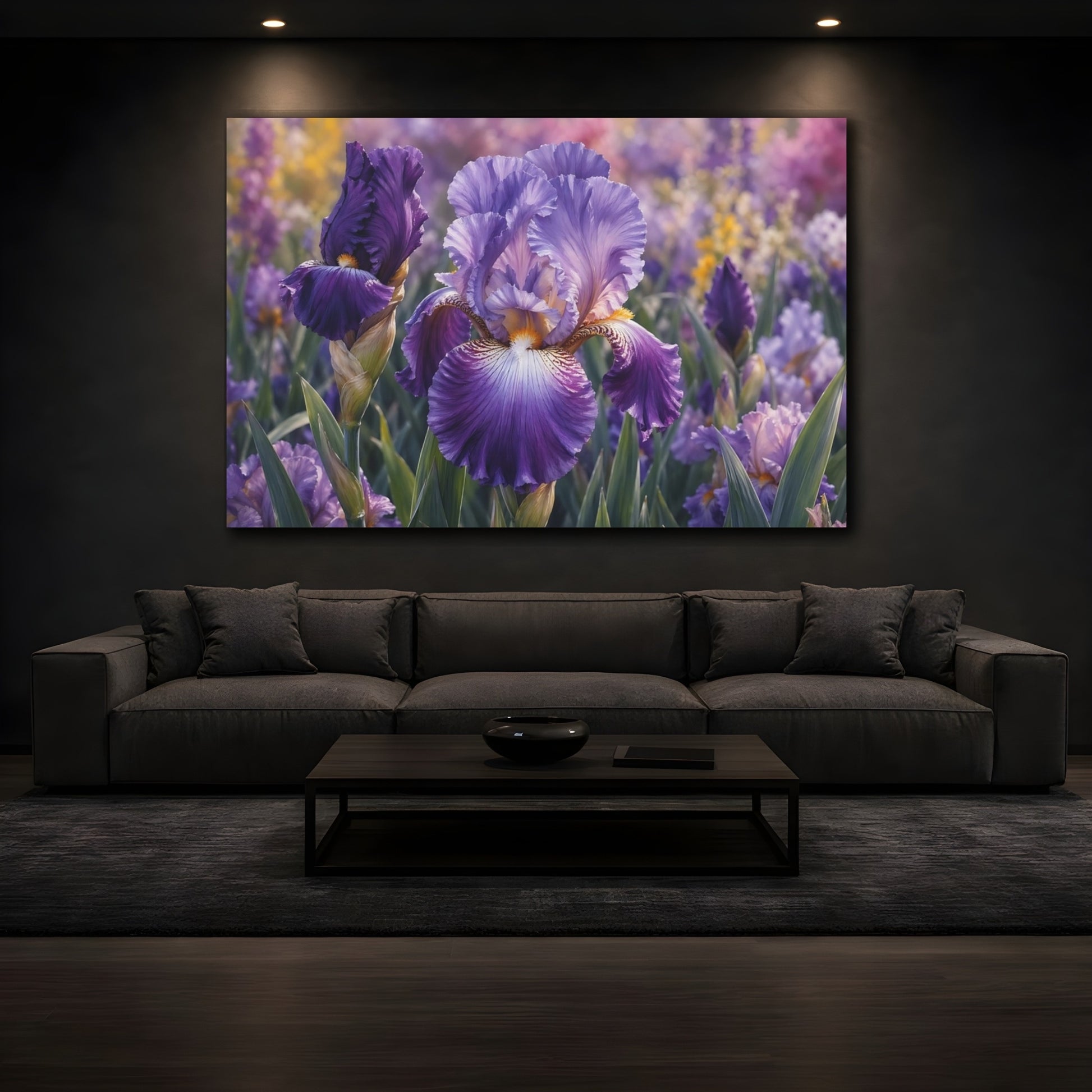 Mockup 4. Floral Iris Flower Purple Iris shown as stretched canvas wall art