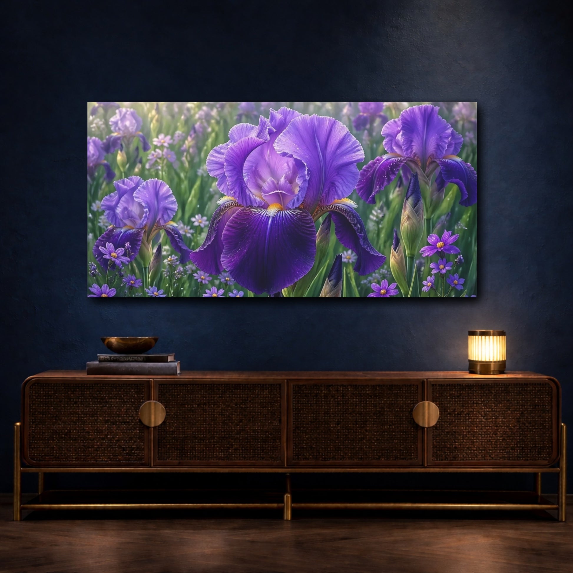Mockup 4. Floral Iris Flower Purple Iris shown as stretched canvas wall art