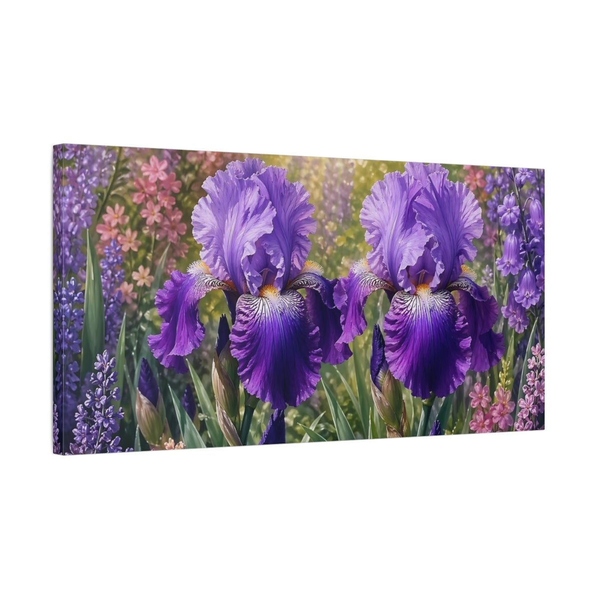 Side Mockup 1. Floral Iris Flowers Purple And Green shown as stretched canvas wall art