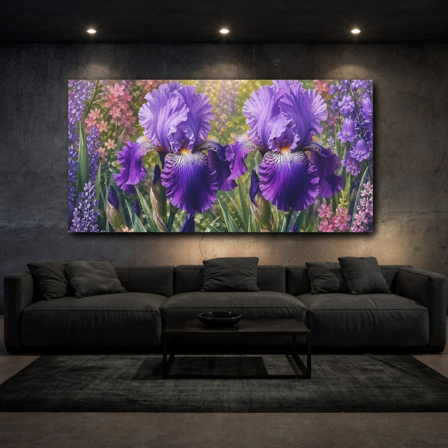 Mockup 2. Floral Iris Flowers Purple And Green shown as stretched canvas wall art