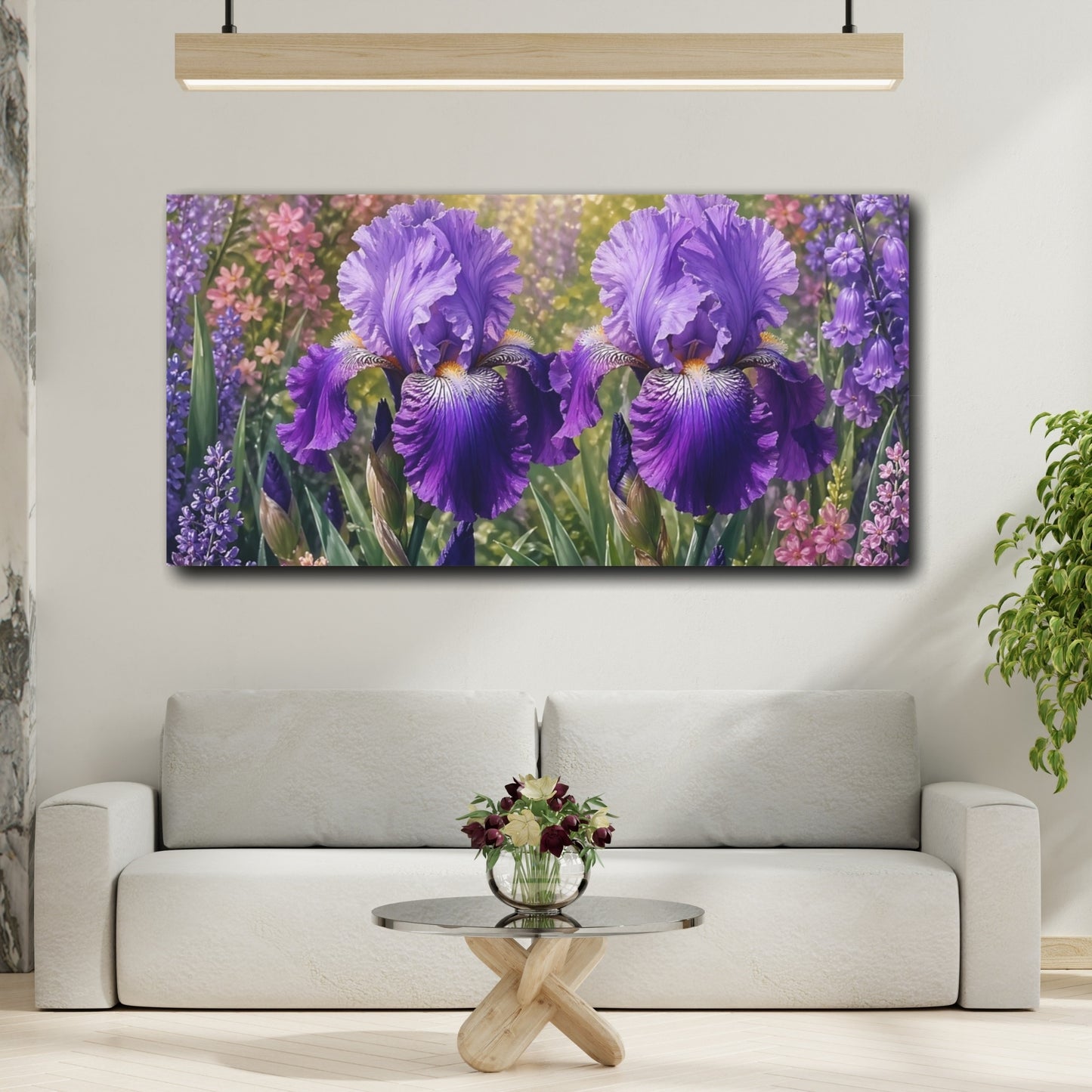Mockup 3. Floral Iris Flowers Purple And Green shown as stretched canvas wall art