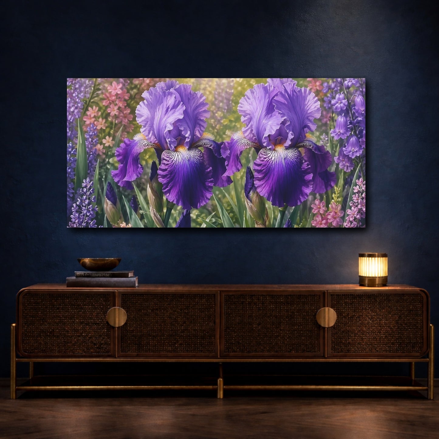 Mockup 4. Floral Iris Flowers Purple And Green shown as stretched canvas wall art