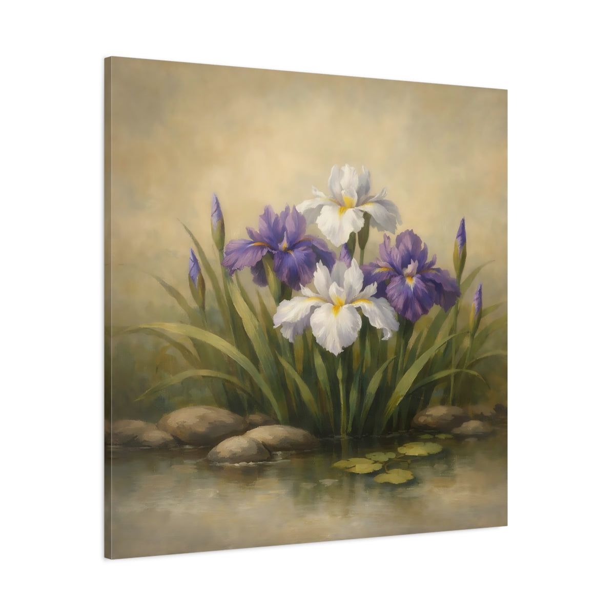 Main Mockup. Floral Iris Flowers Purple And White Floral shown as stretched canvas wall art