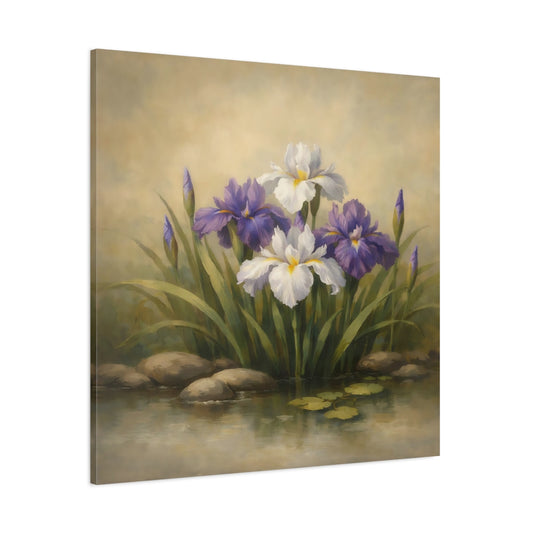 Main Mockup. Floral Iris Flowers Purple And White Floral shown as stretched canvas wall art