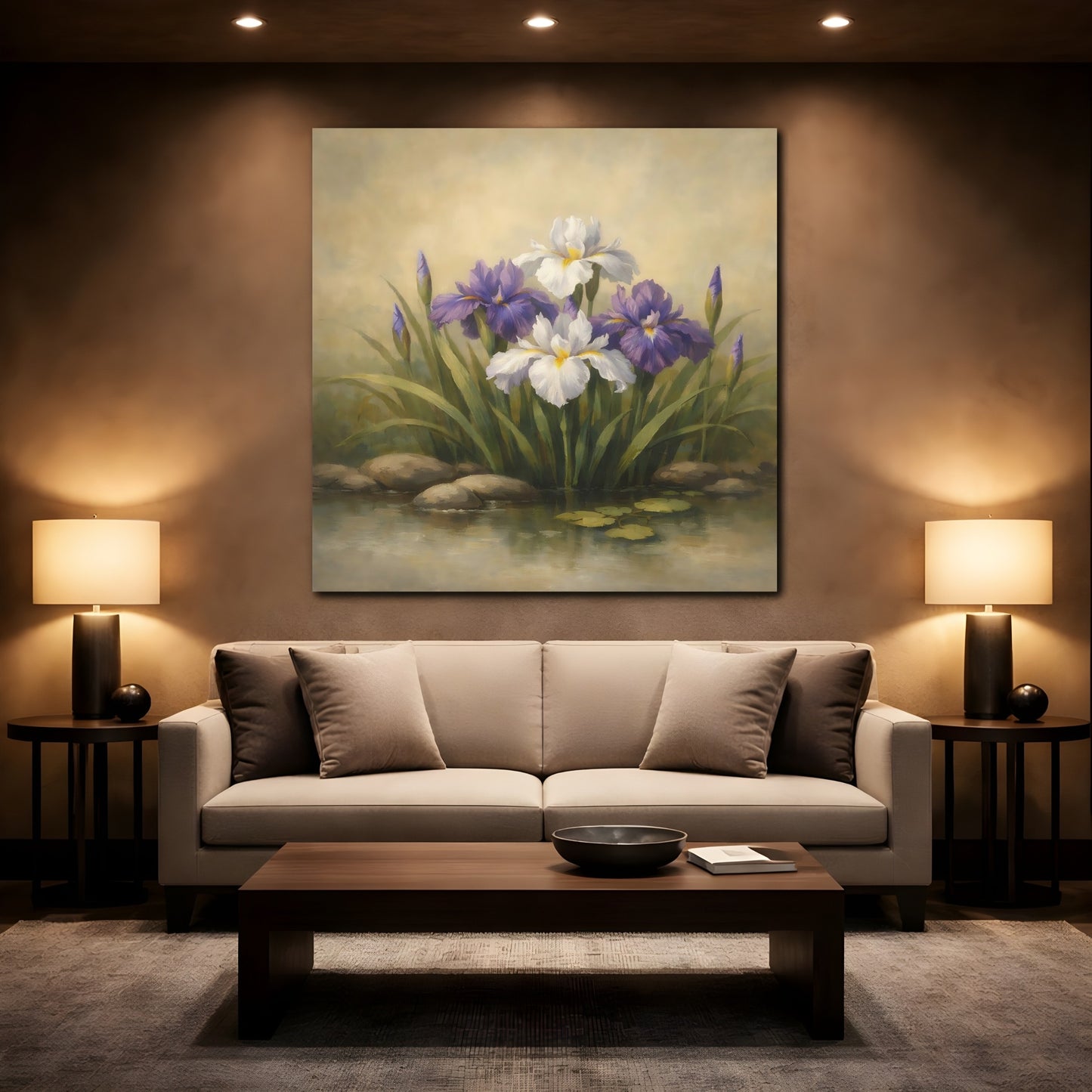 Mockup 2. Floral Iris Flowers Purple And White Floral shown as stretched canvas wall art