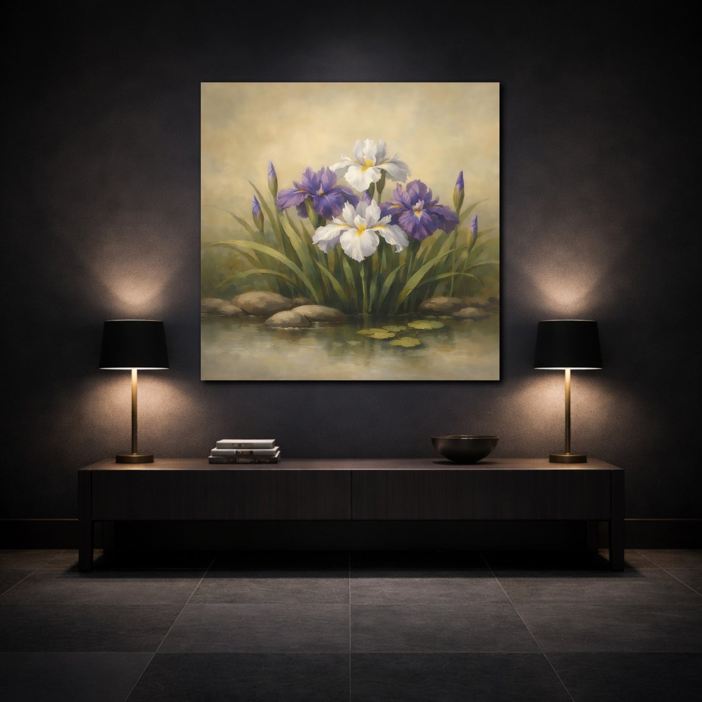 Mockup 3. Floral Iris Flowers Purple And White Floral shown as stretched canvas wall art